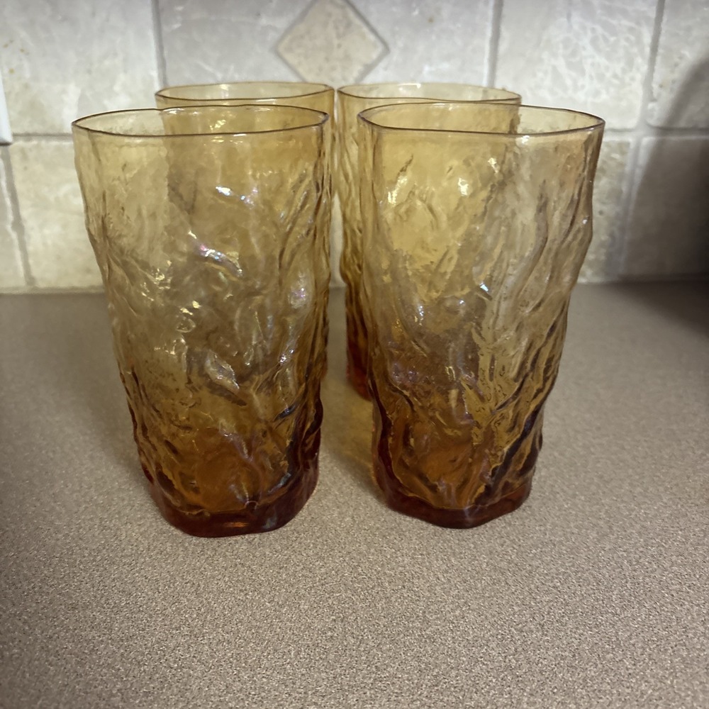 Set 4‎ Seneca Glass DRIFTWOOD Crinkle HIGHBALL Tumblers 5 3/4